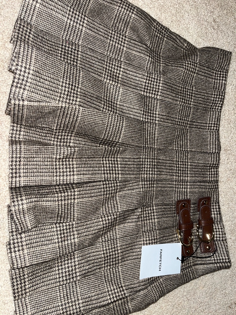 Maje Black And Cream Plaid Pleated Mini Skirt With Brown Buckle Jocelyno Skirt